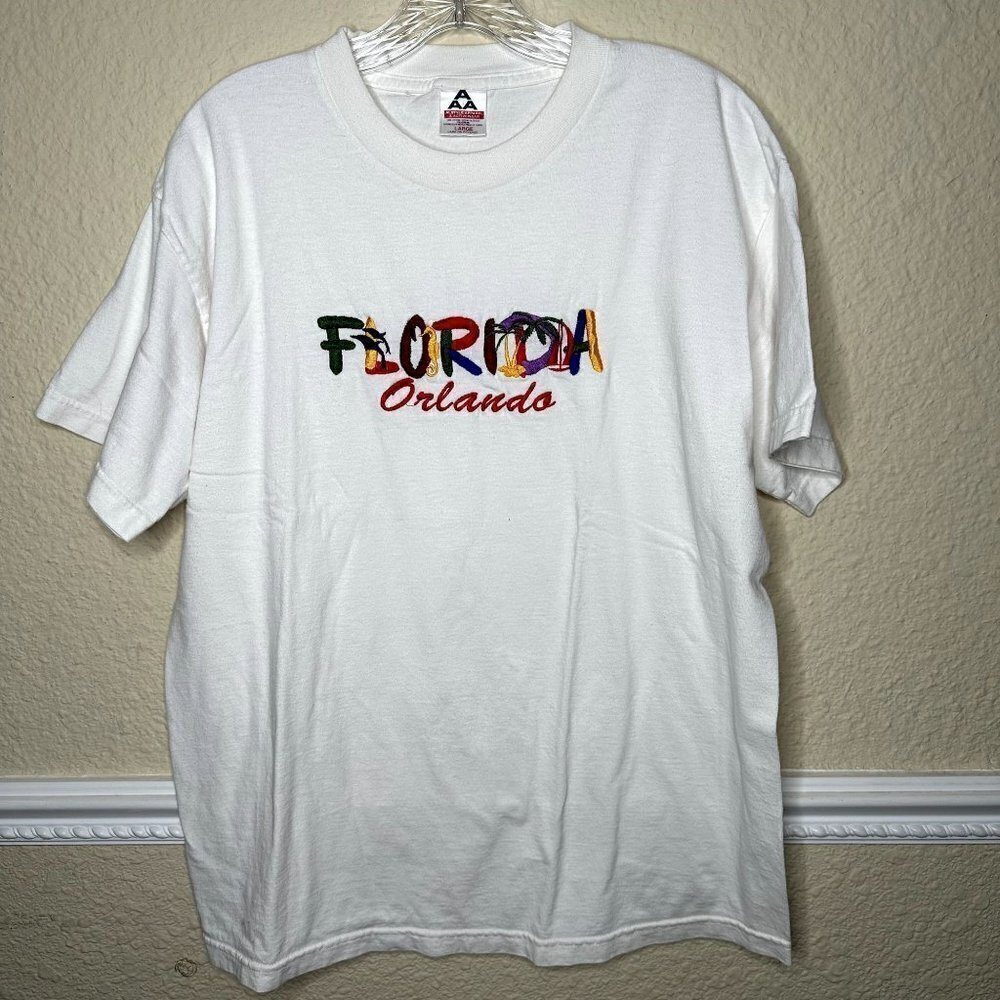 Vintage Florida Orlandoo Embroidered AAA Tag White T-Shirt Size Large